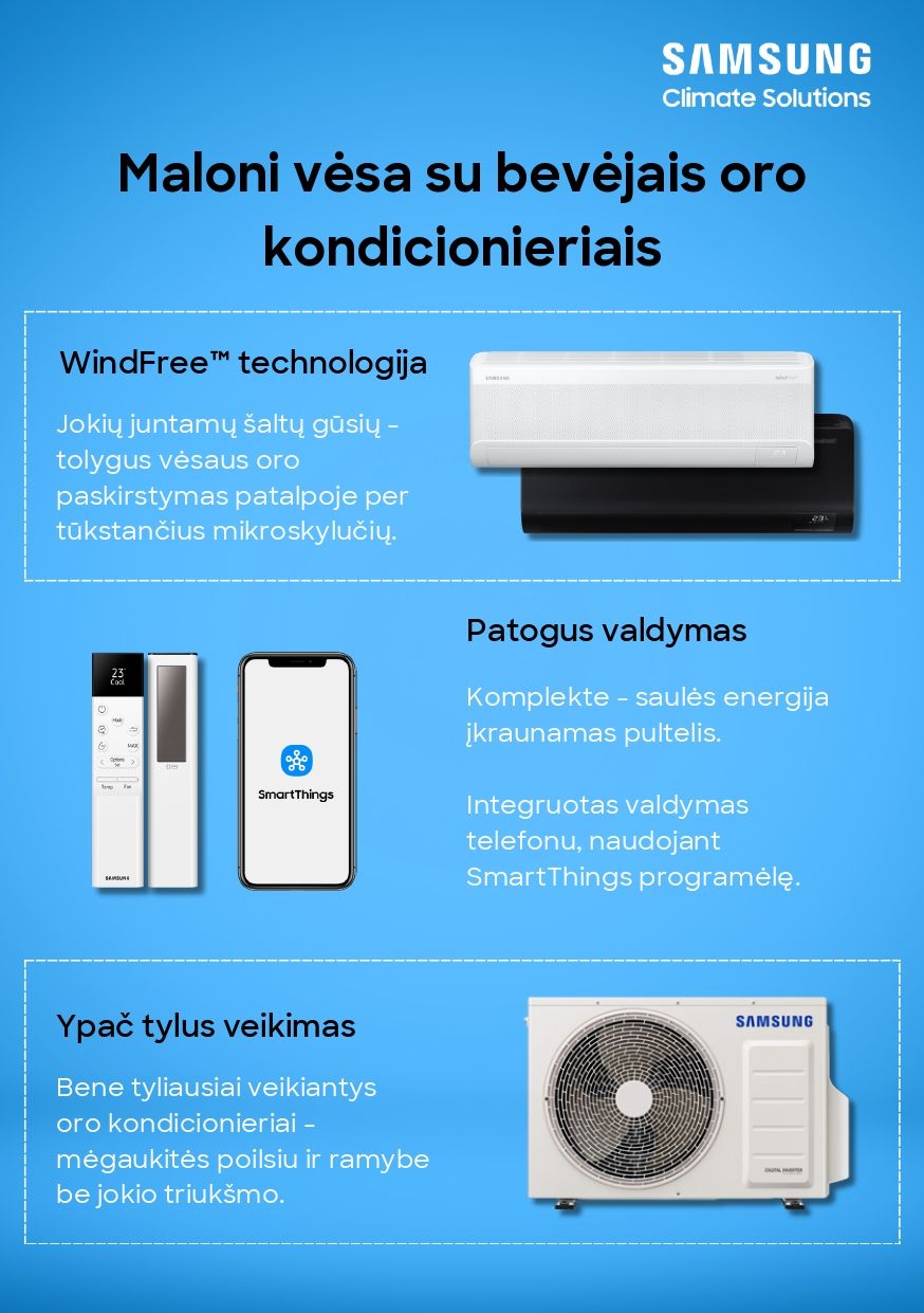 SAMSUNG SIENINIS BEVĖJIS Windfree™ Comfort S2 (buv. Arise), 5.0/6.0 kW oro kondicionieriaus komplektas Karšti Vėjai SAMSUNG SIENINIS BEVĖJIS Windfree™ Comfort S2 (buv. Arise), 5.0/6.0 kW oro kondicionieriaus komplektas samsung oro kondicionieriai